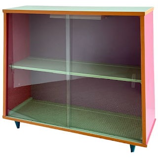 Richard Aloisio Signed Memphis Style Refinished Illuminated Sliding Door Bookcase, 1987