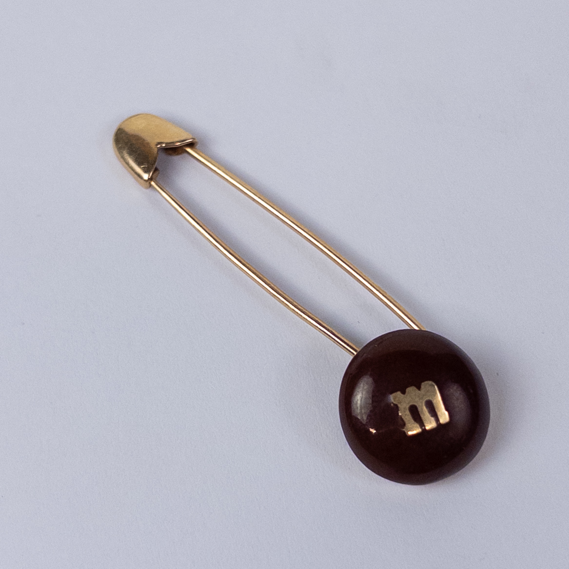 14K Gold M&M on a Safety Pin Brooch