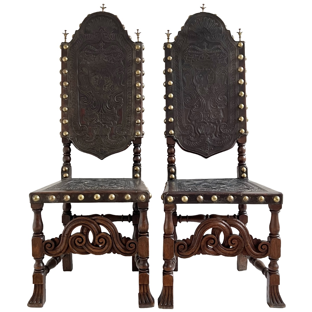 19th C. Portuguese Embossed Leather High-Back Side Chair Pair