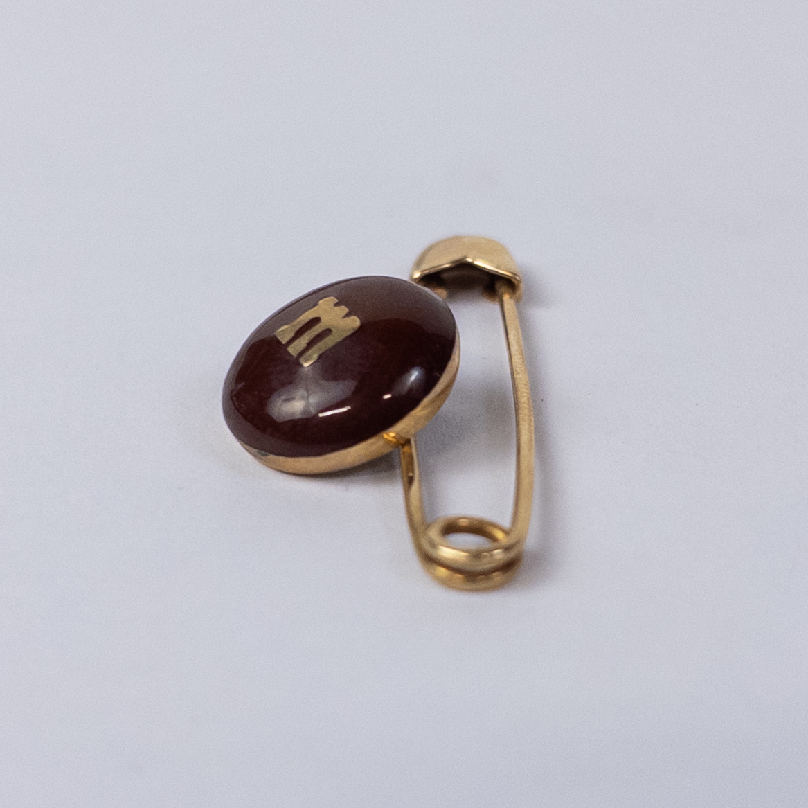 14K Gold M&M on a Safety Pin Brooch