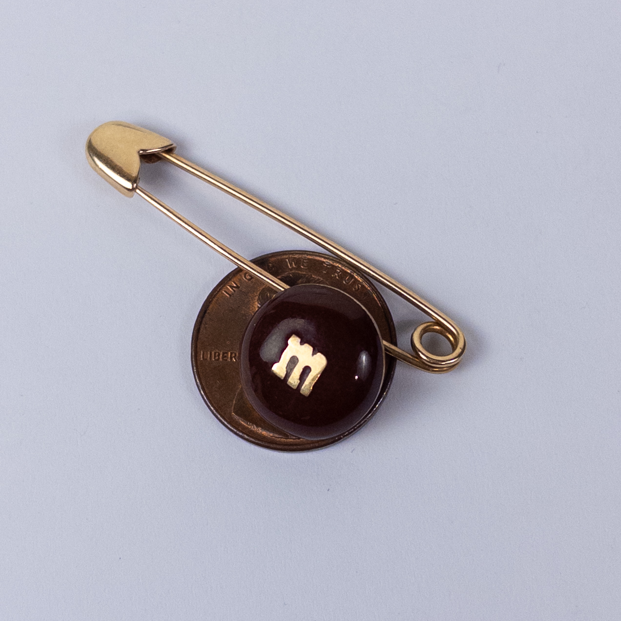 14K Gold M&M on a Safety Pin Brooch