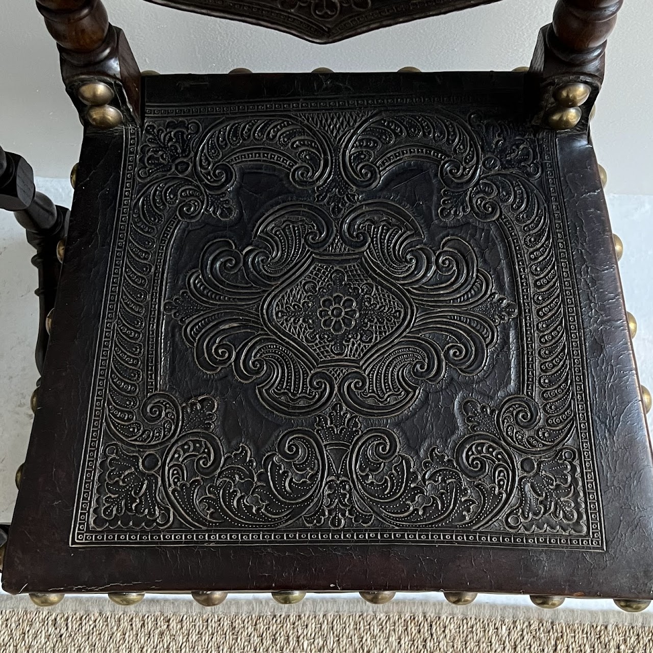 19th C. Portuguese Embossed Leather High-Back Side Chair Pair