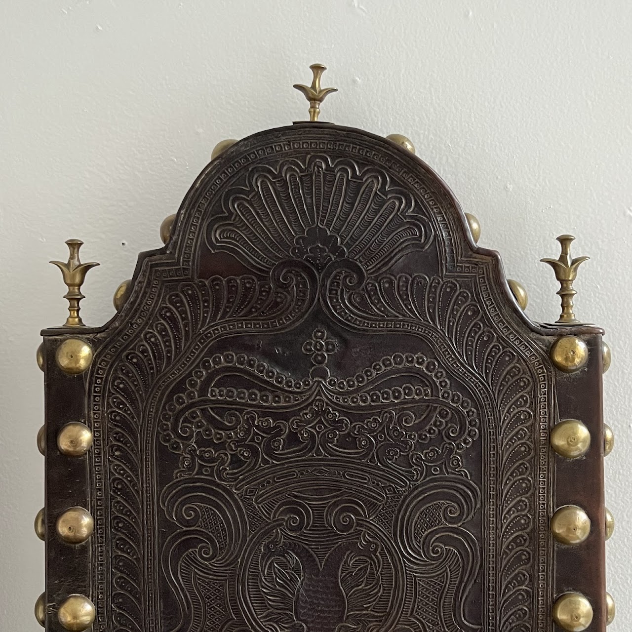 19th C. Portuguese Embossed Leather High-Back Side Chair Pair