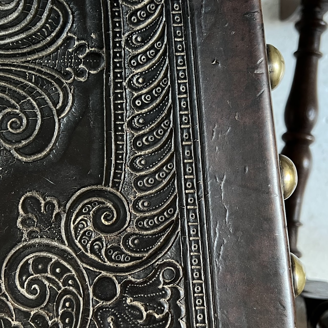 19th C. Portuguese Embossed Leather High-Back Side Chair Pair