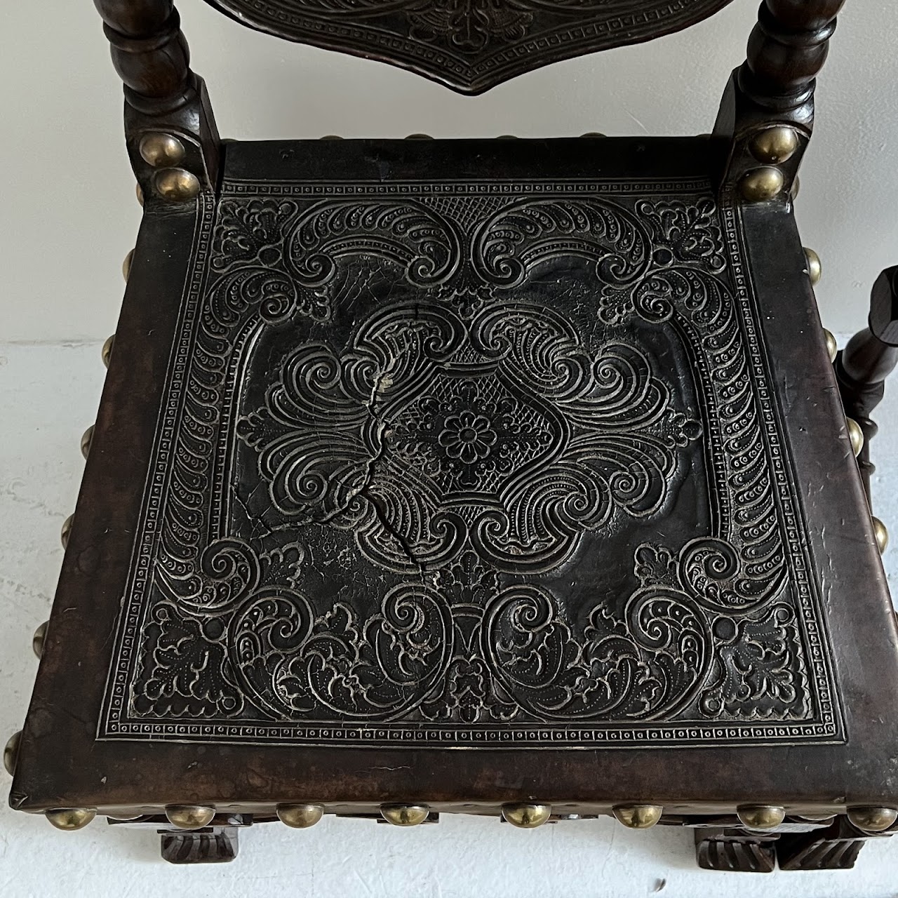 19th C. Portuguese Embossed Leather High-Back Side Chair Pair