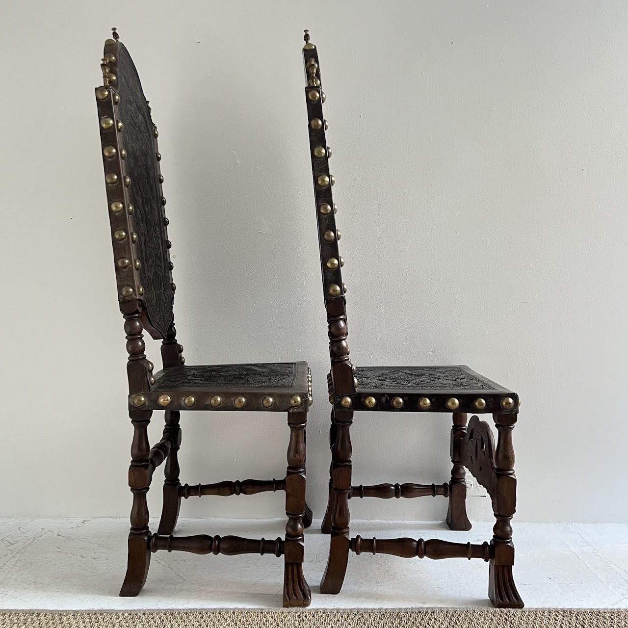 19th C. Portuguese Embossed Leather High-Back Side Chair Pair