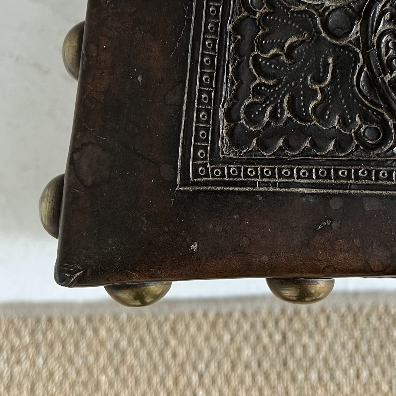 19th C. Portuguese Embossed Leather High-Back Side Chair Pair