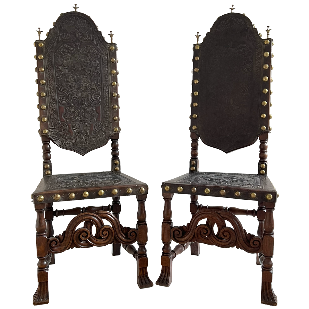 19th C. Portuguese Embossed Leather High-Back Side Chair Pair