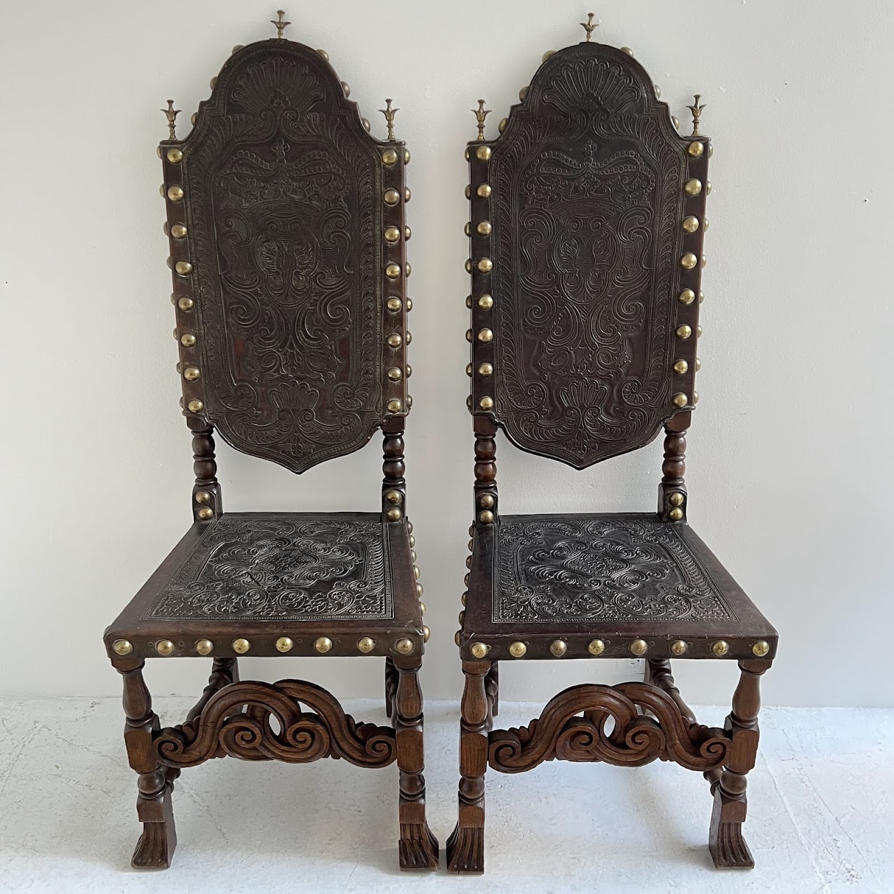 19th C. Portuguese Embossed Leather High-Back Side Chair Pair