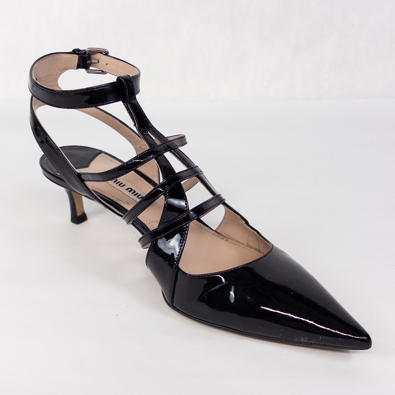 Miu Miu Black Patent Leather Strappy Pumps