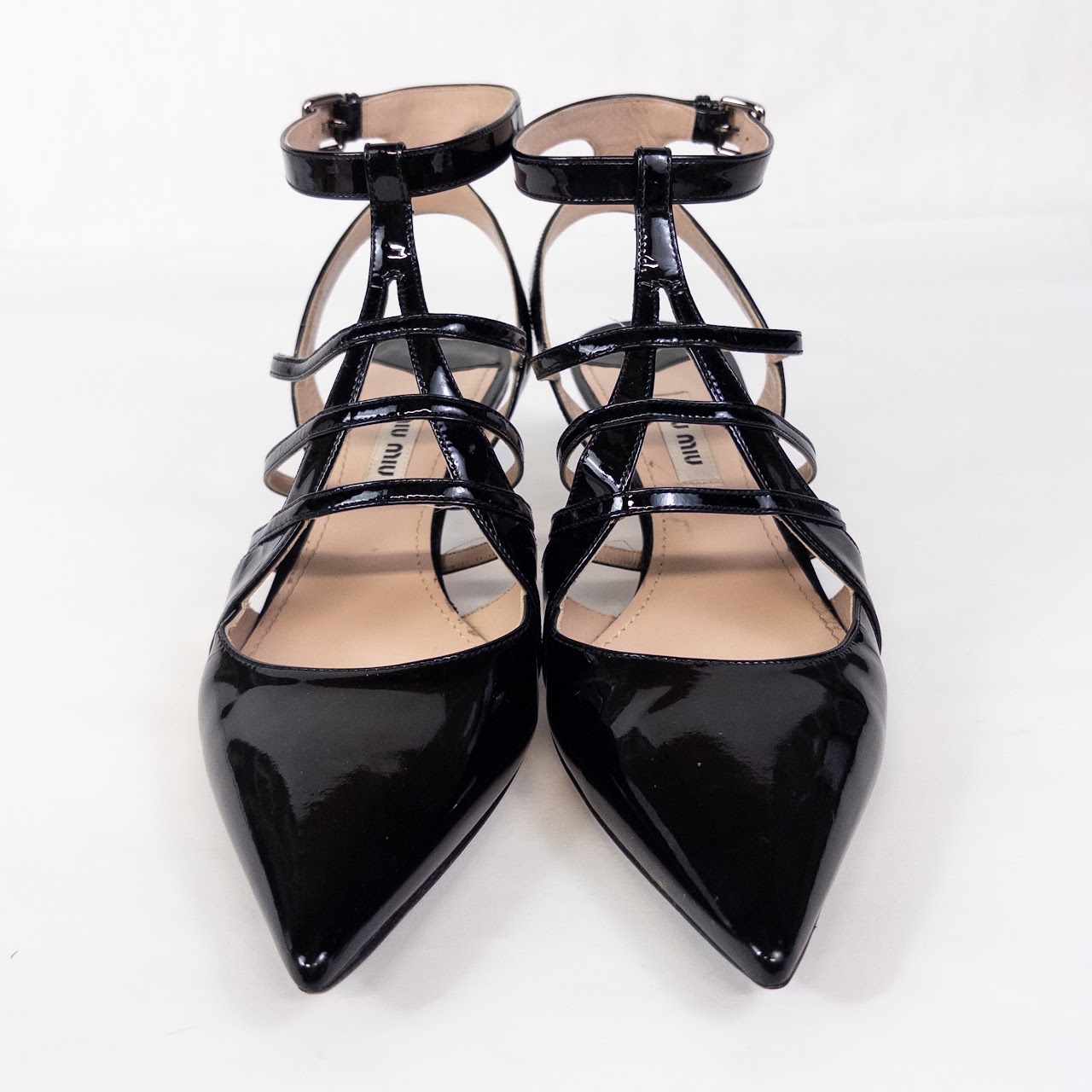 Miu Miu Black Patent Leather Strappy Pumps