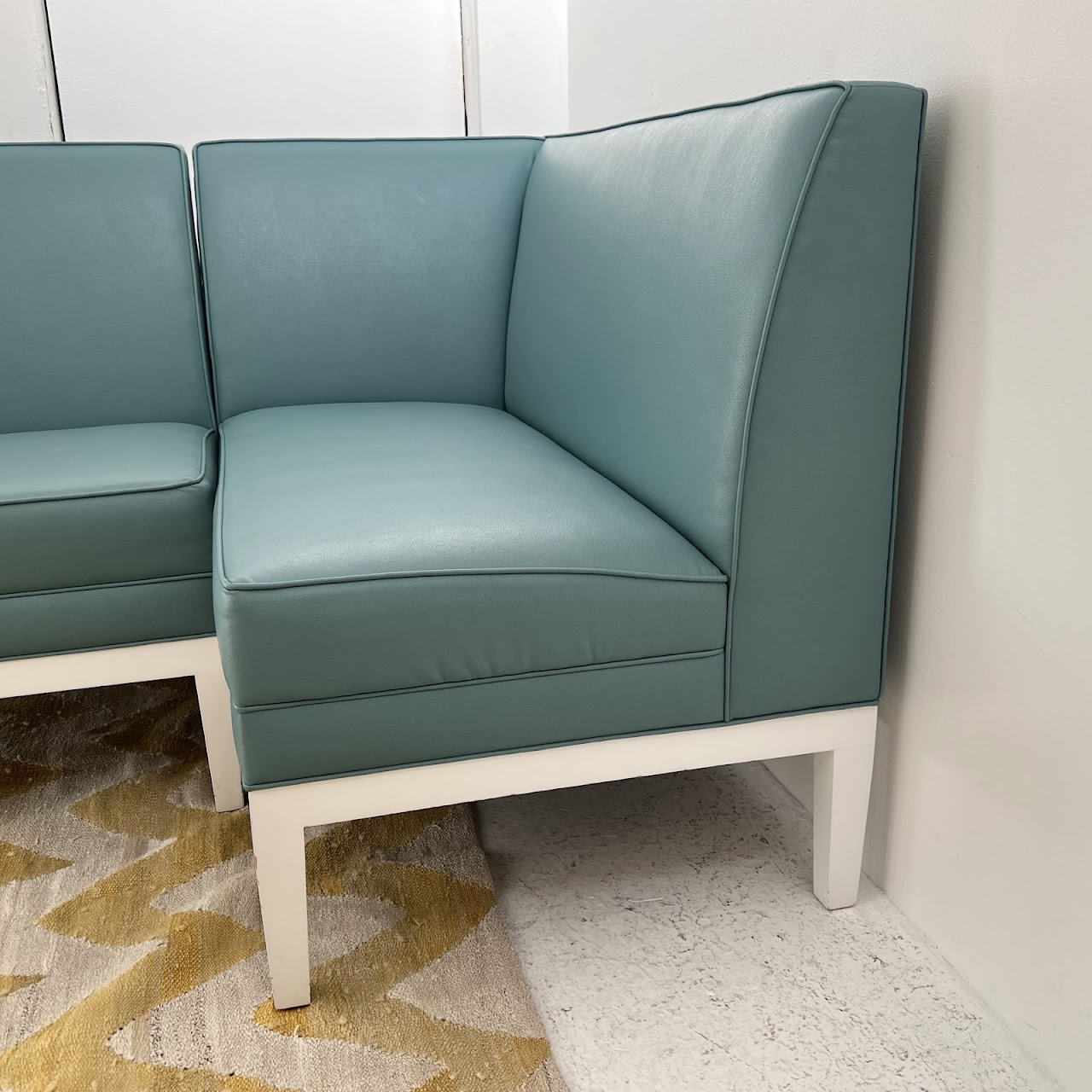 Robin's Egg Blue Leather Two-Piece Sectional Banquette Sofa