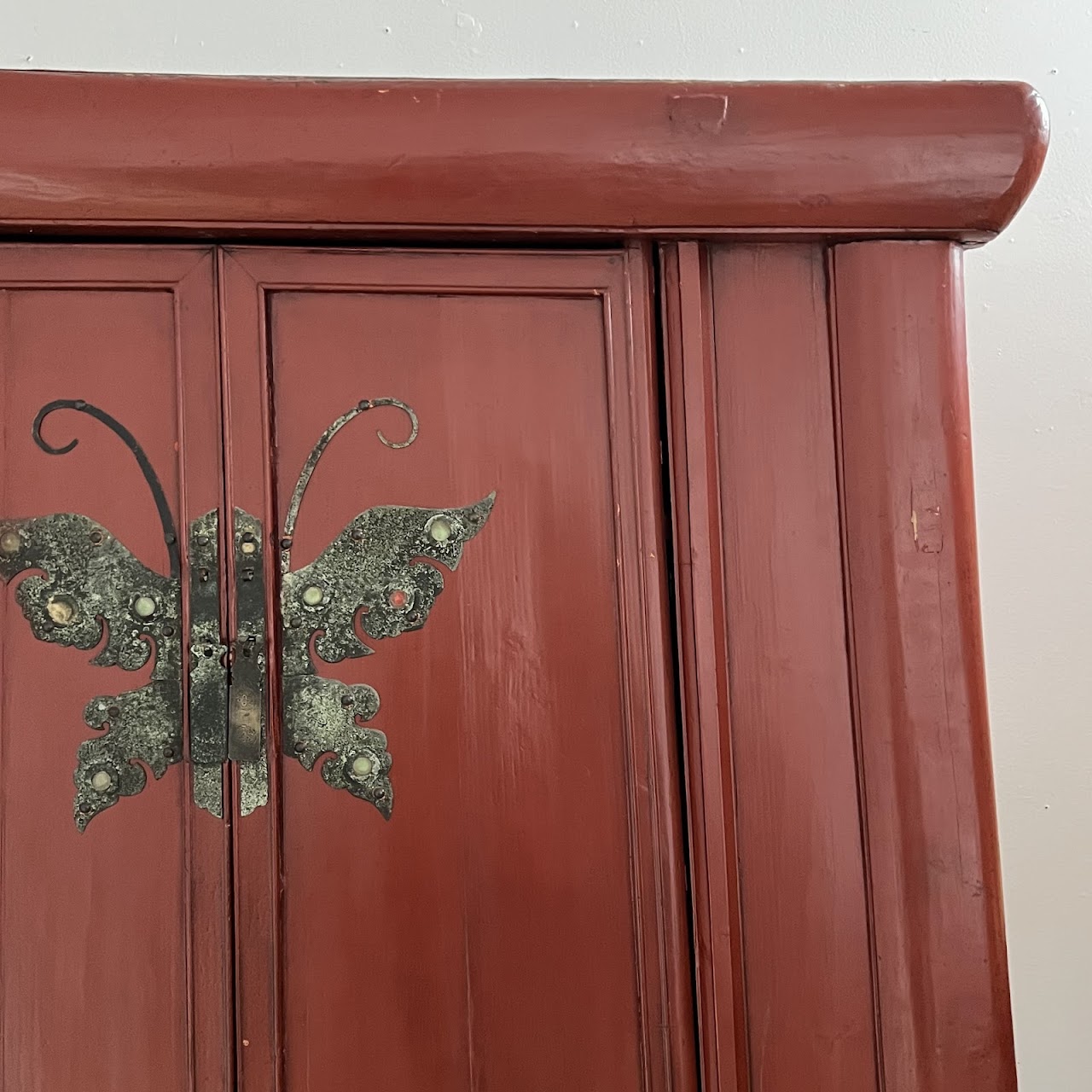 Chinese Red Lacquered Butterfly Wedding Armoire