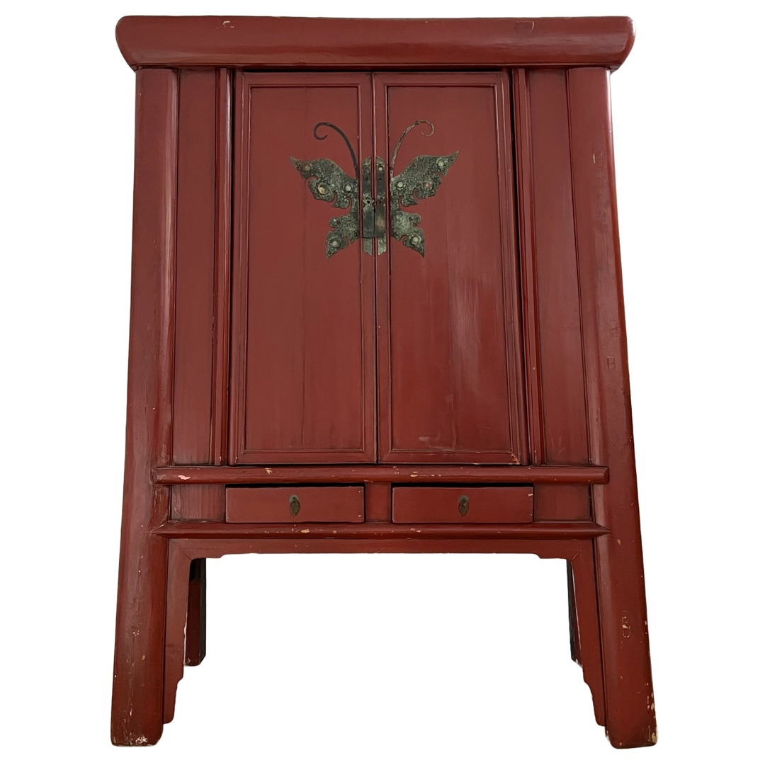 Chinese Red Lacquered Butterfly Wedding Armoire