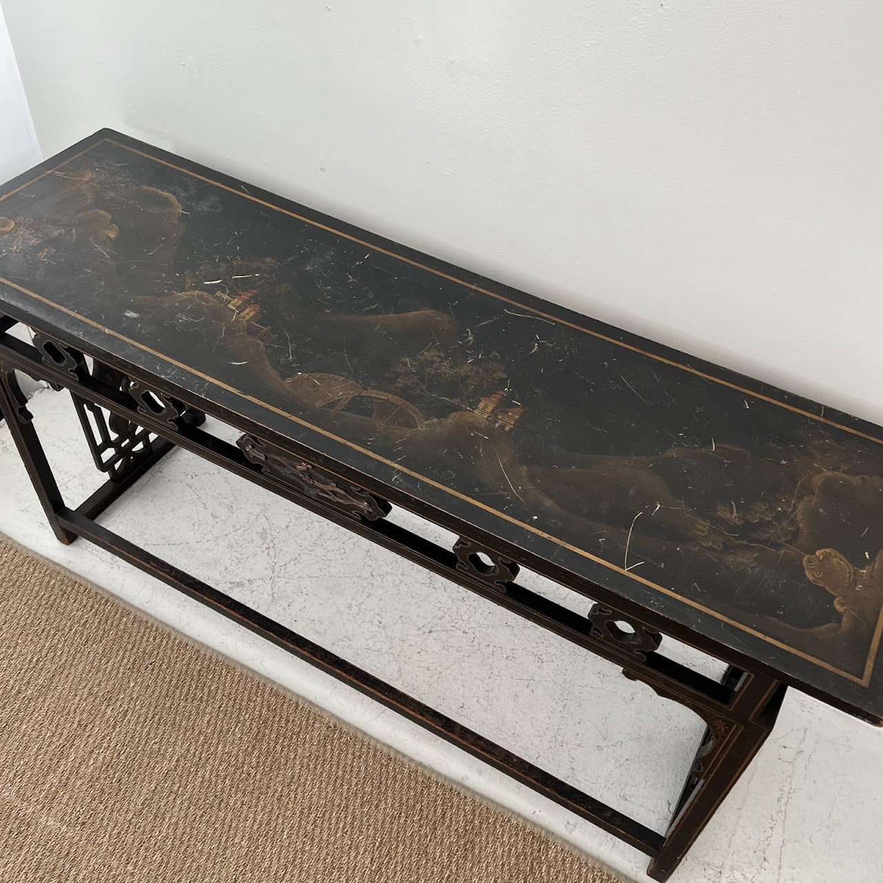 Chinoiserie Lacquered and Hand Painted Vintage Console Table