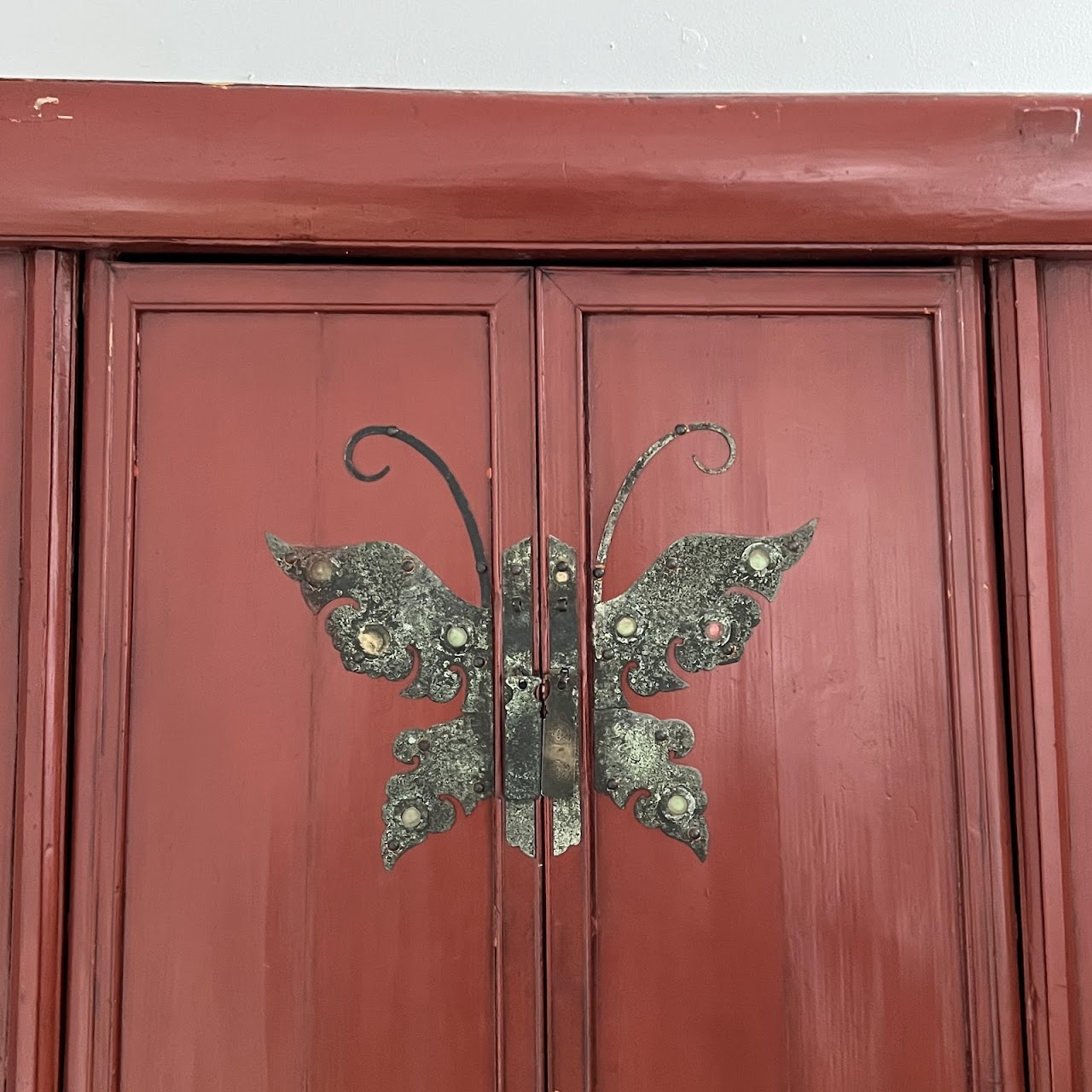 Chinese Red Lacquered Butterfly Wedding Armoire