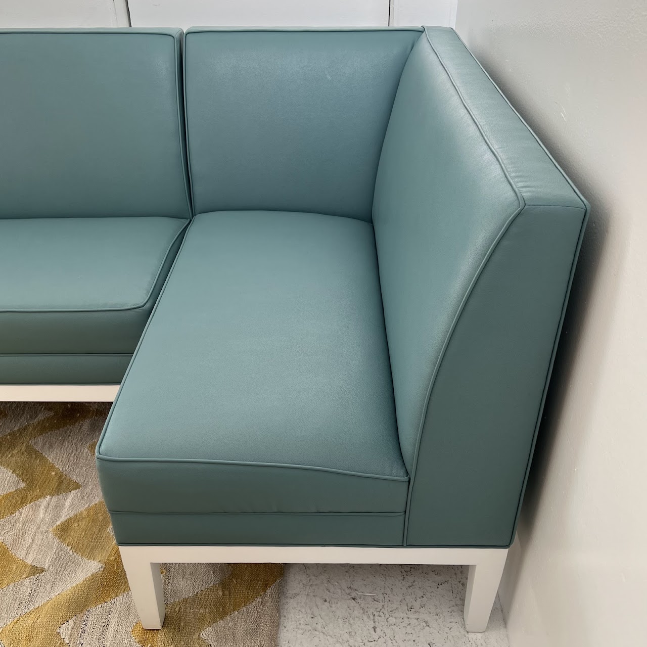 Robin's Egg Blue Leather Two-Piece Sectional Banquette Sofa