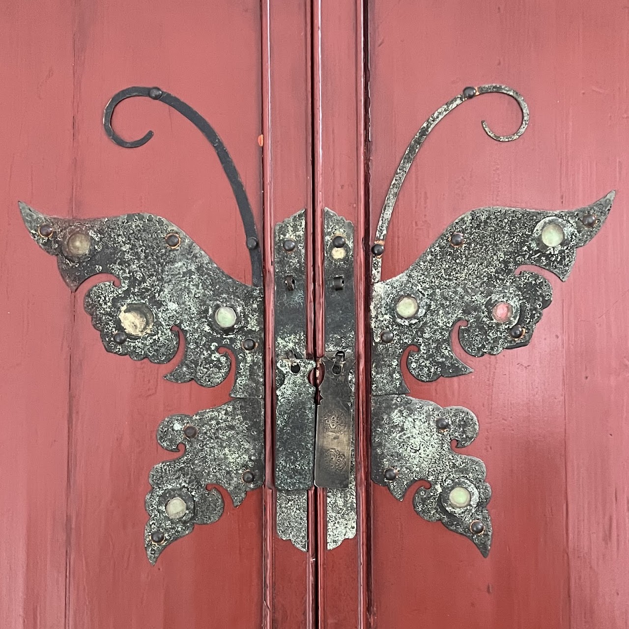 Chinese Red Lacquered Butterfly Wedding Armoire