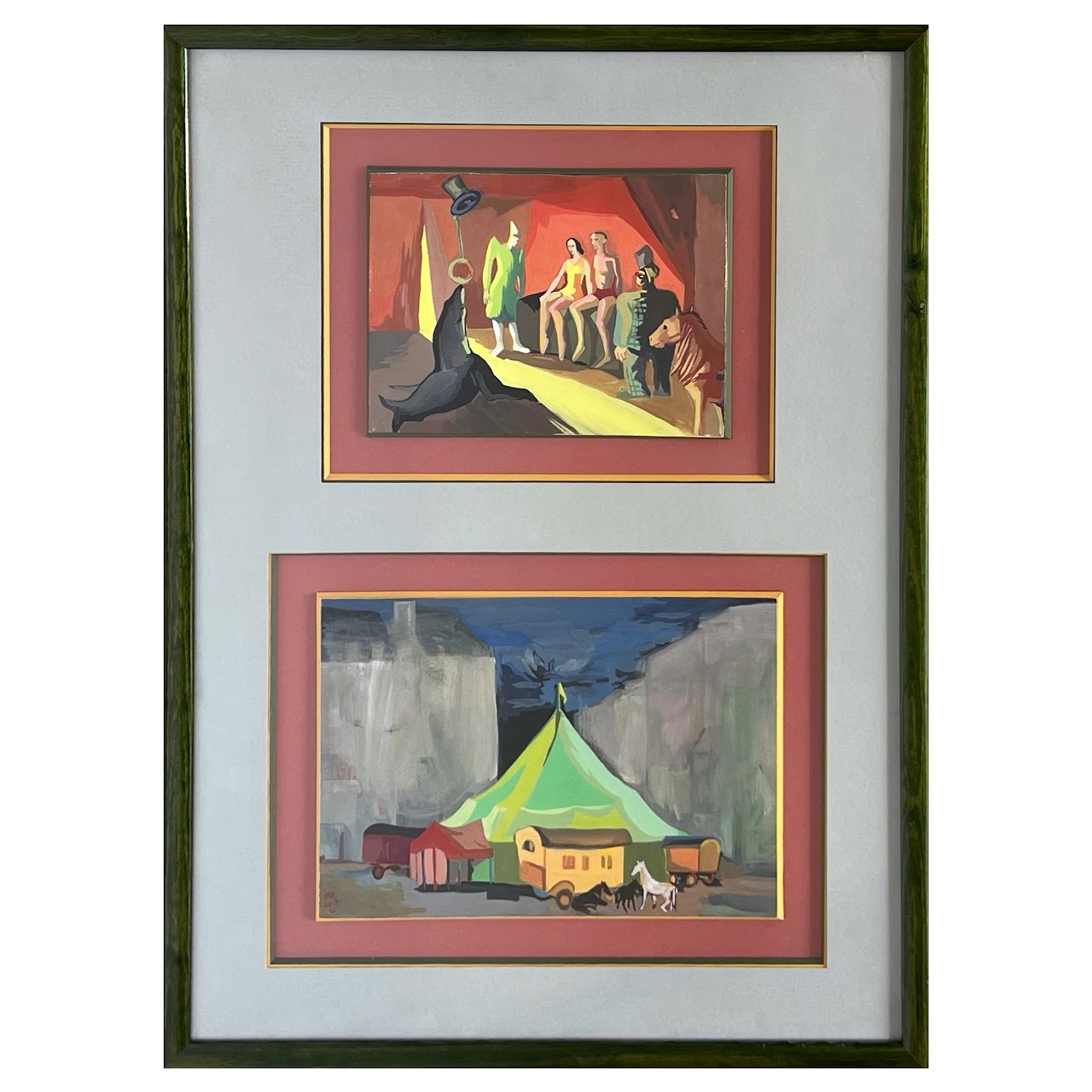 Fauvist Style Mid-Century Signed Gouache Circus Painting Pair, 1951