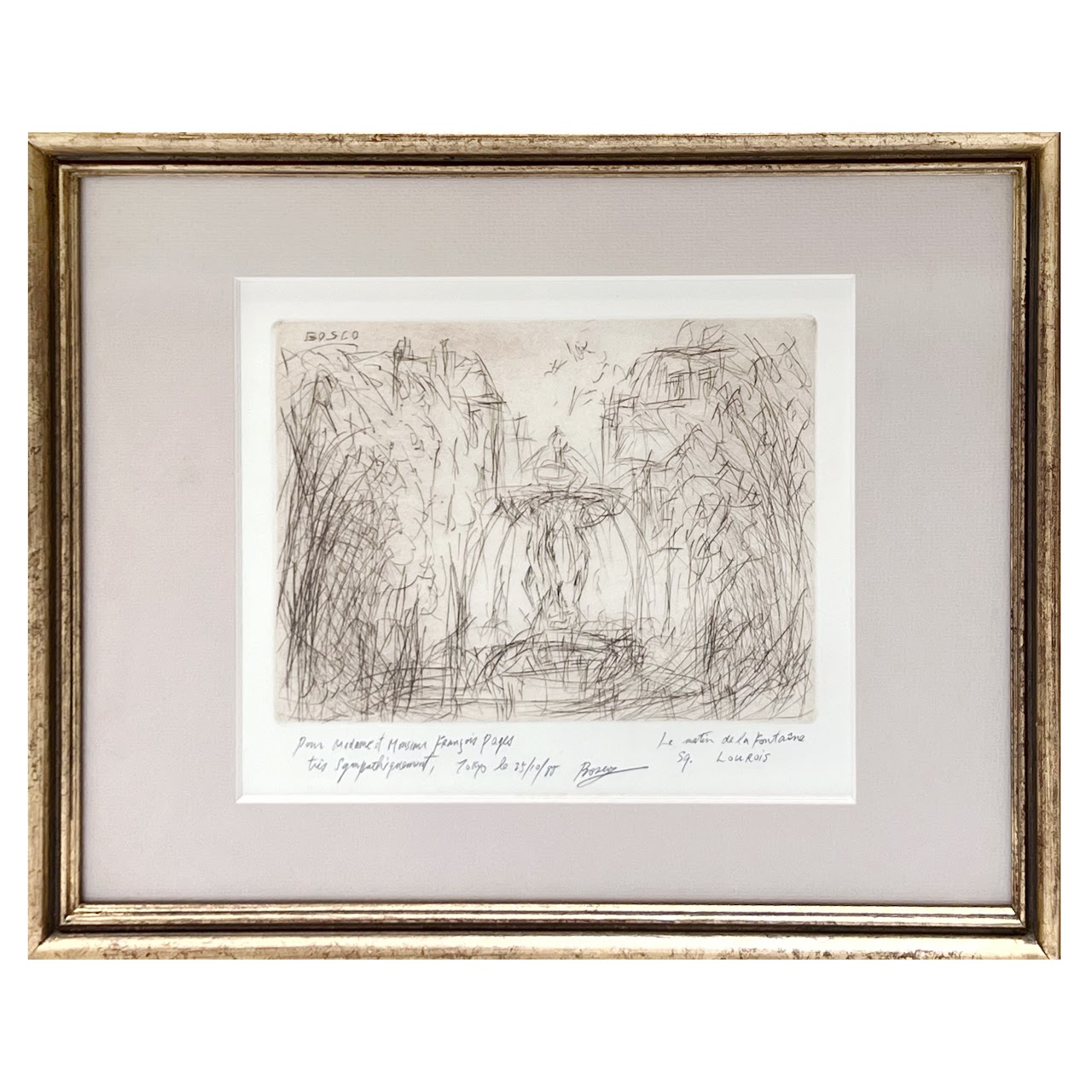 Bosco Signed 'Fontaine Louvois' French Landscape Drypoint Etching