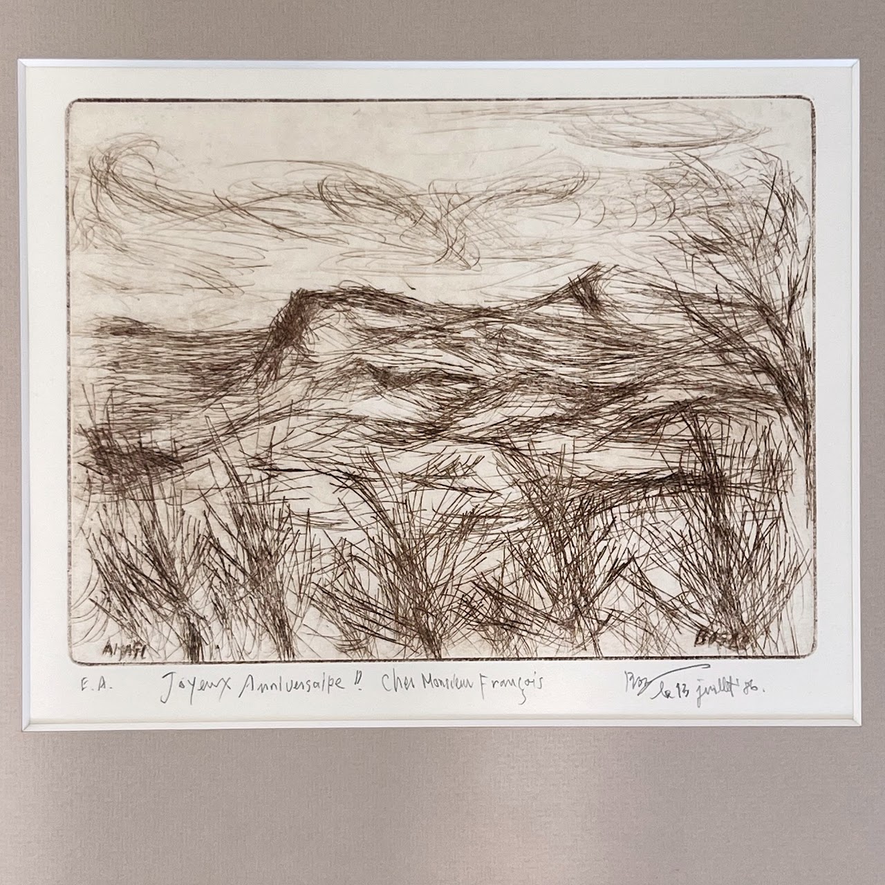 Bosco Signed 'Cher Monsieur Francais' French Landscape Drypoint Etching