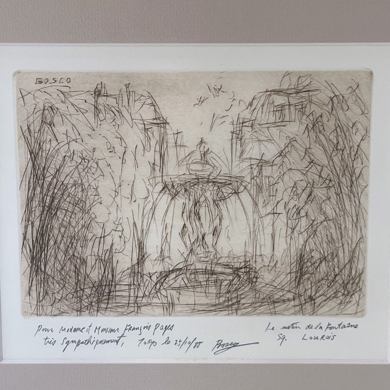 Bosco Signed 'Fontaine Louvois' French Landscape Drypoint Etching