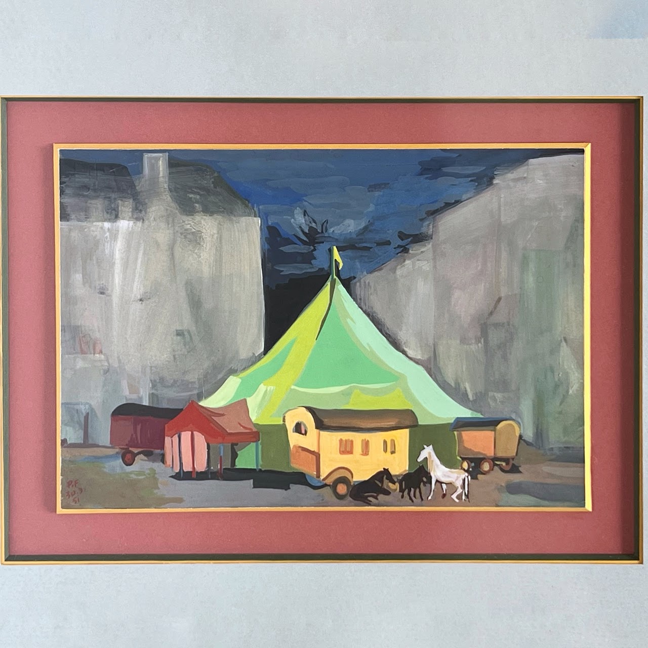 Fauvist Style Mid-Century Signed Gouache Circus Painting Pair, 1951