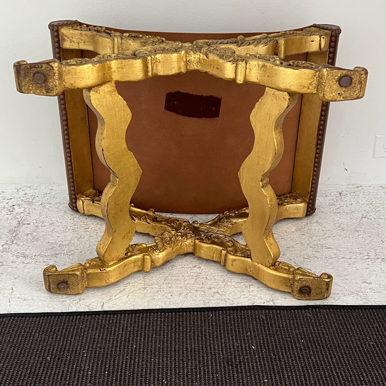 Italianate Carved Giltwood and Leather Curule Stool