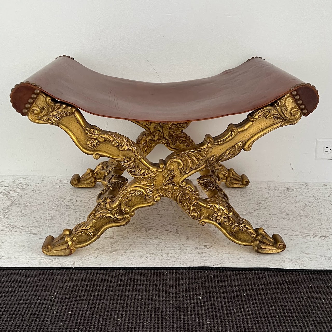 Italianate Carved Giltwood and Leather Curule Stool