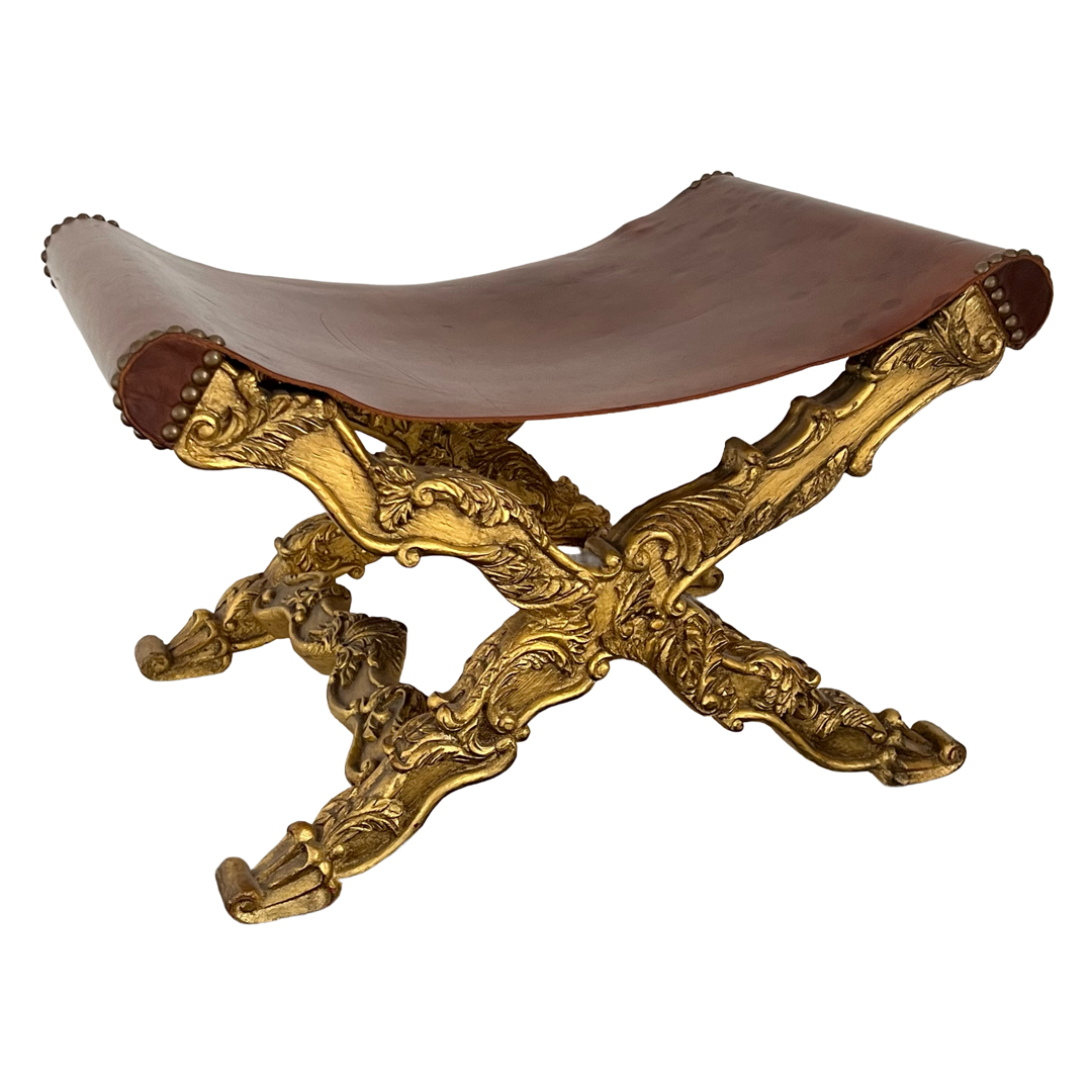 Italianate Carved Giltwood and Leather Curule Stool