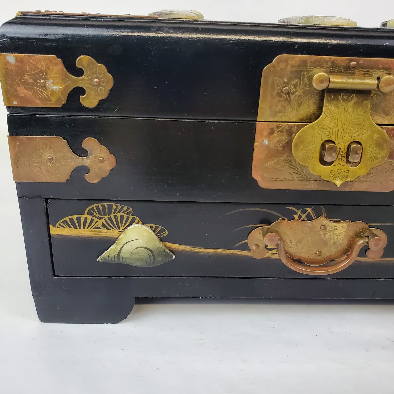 Chinese Black Lacquer and Cut Stone Jewelry Box