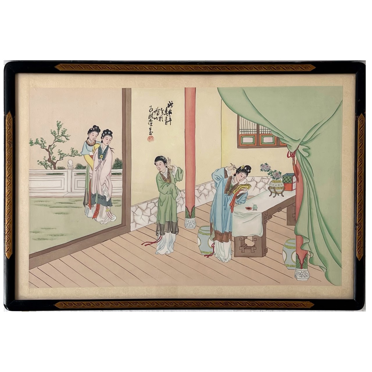 Chinese Court Scene Vintage Gouache Painting Pair