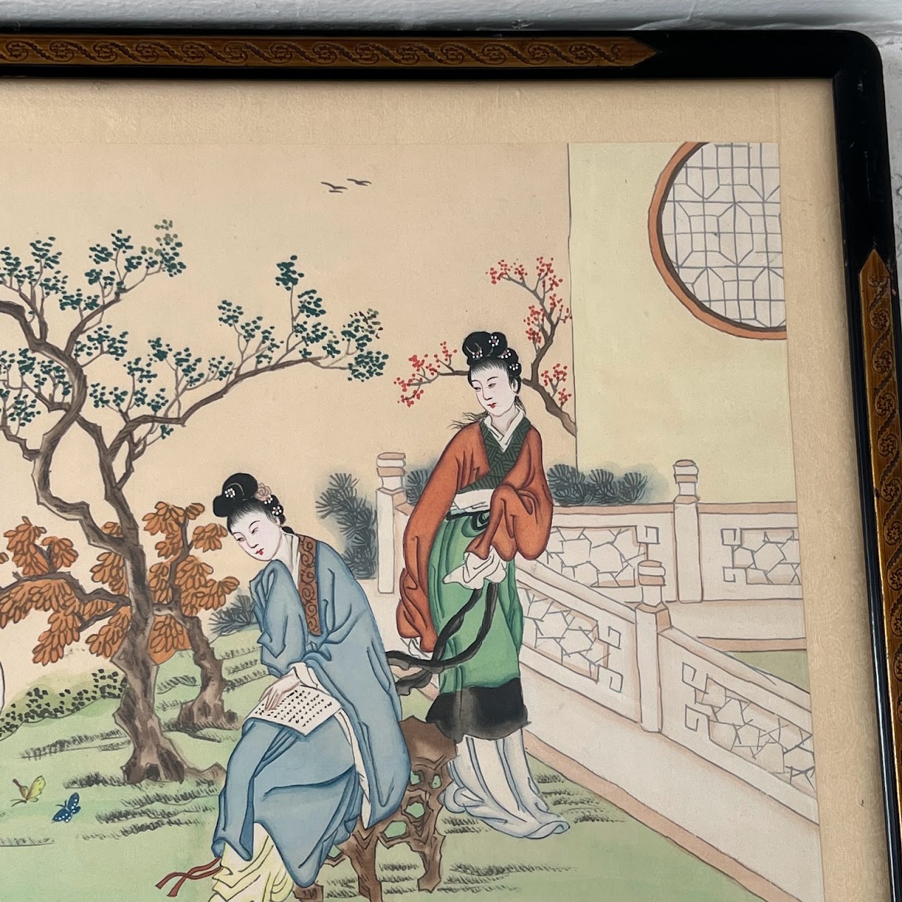 Chinese Court Scene Vintage Gouache Painting Pair