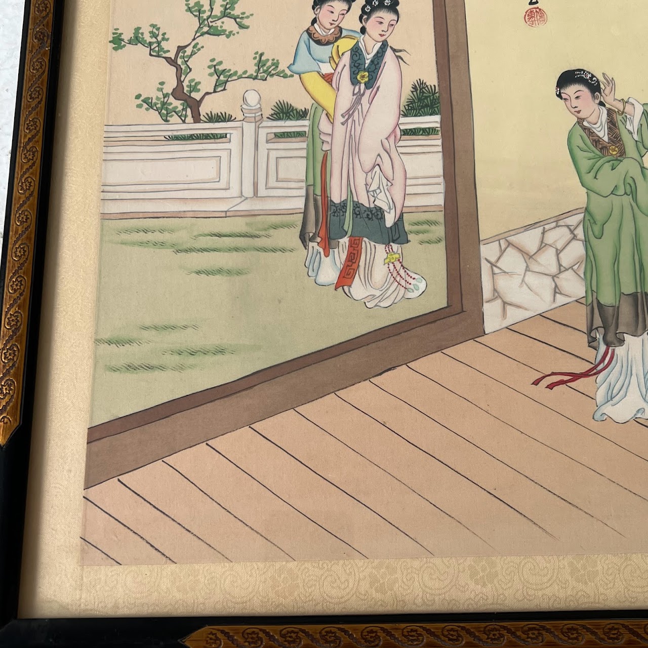 Chinese Court Scene Vintage Gouache Painting Pair