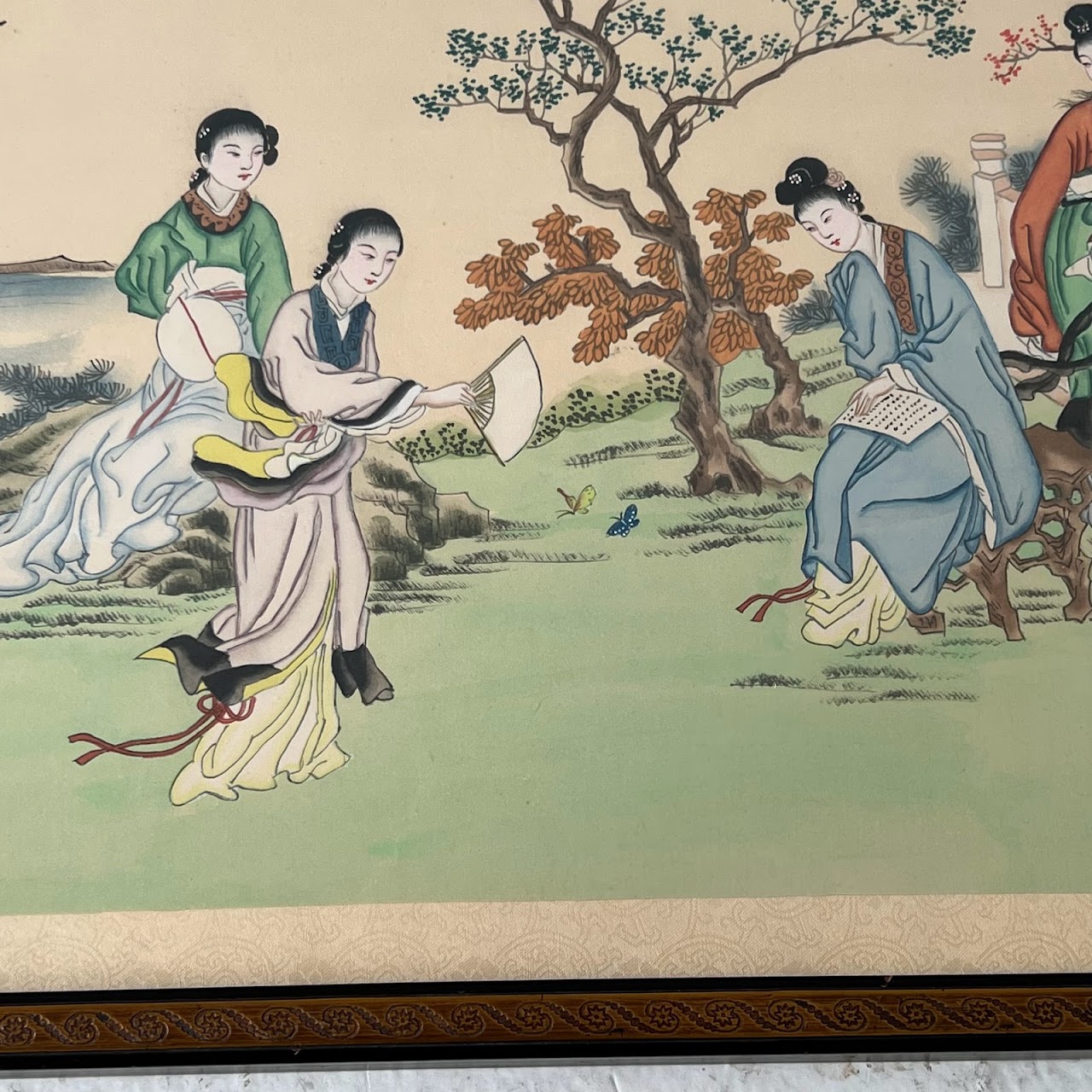 Chinese Court Scene Vintage Gouache Painting Pair