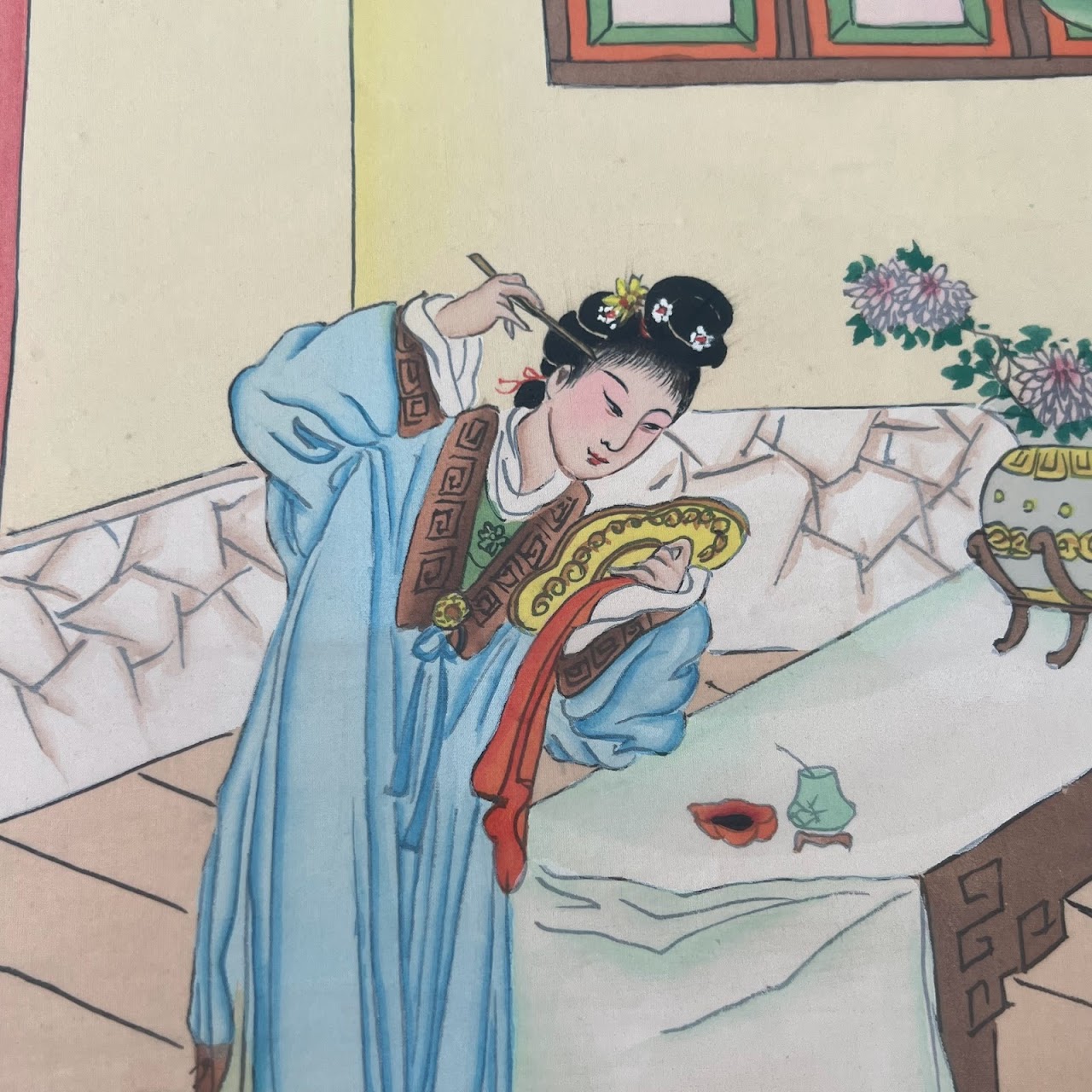 Chinese Court Scene Vintage Gouache Painting Pair