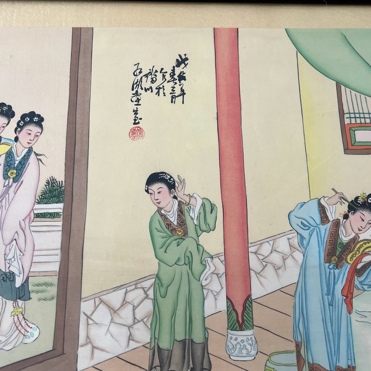 Chinese Court Scene Vintage Gouache Painting Pair