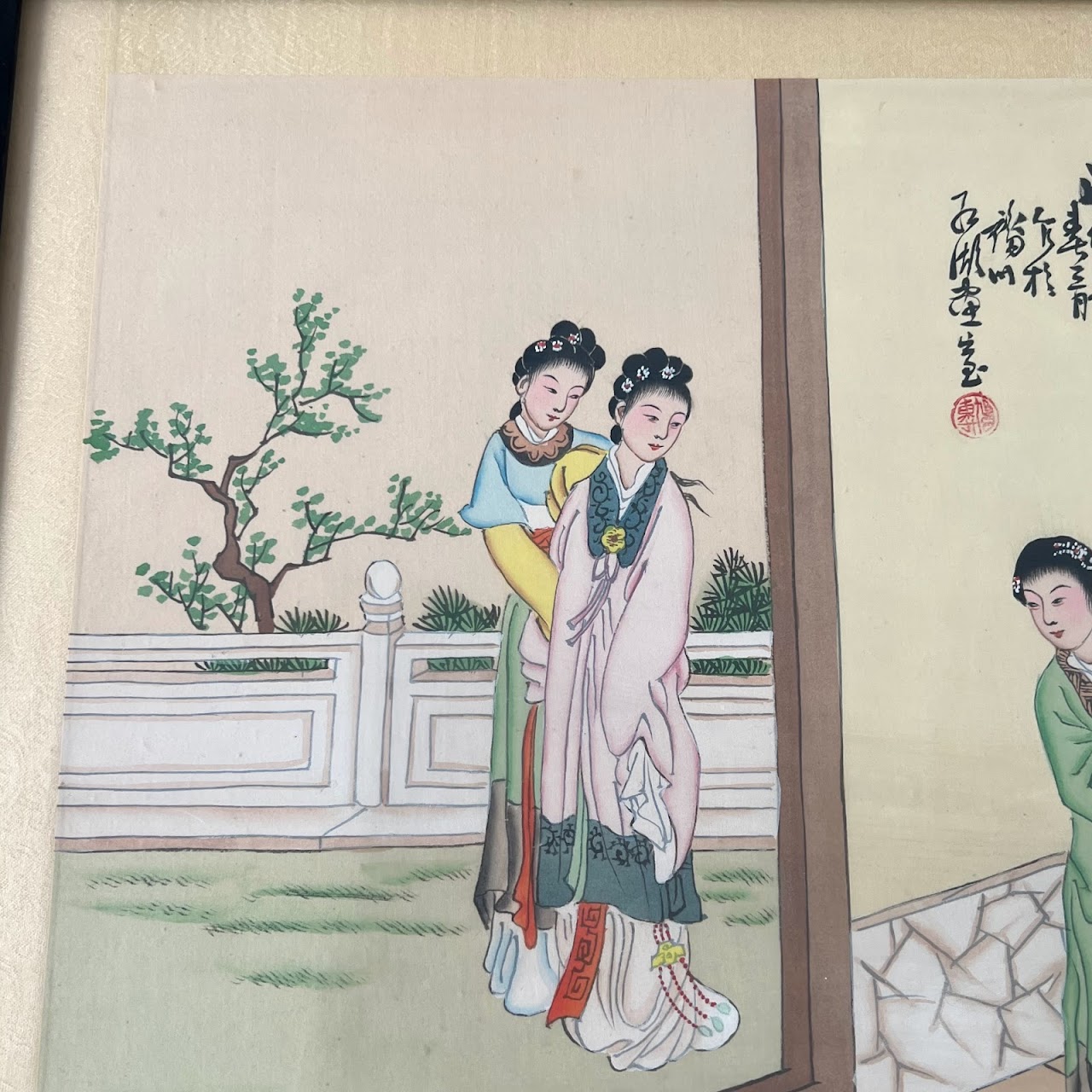 Chinese Court Scene Vintage Gouache Painting Pair