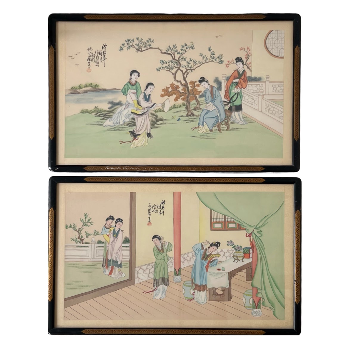 Chinese Court Scene Vintage Gouache Painting Pair