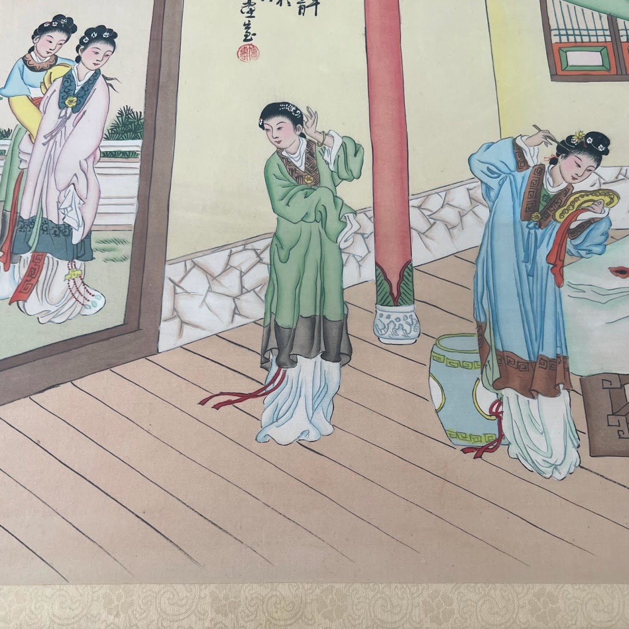 Chinese Court Scene Vintage Gouache Painting Pair