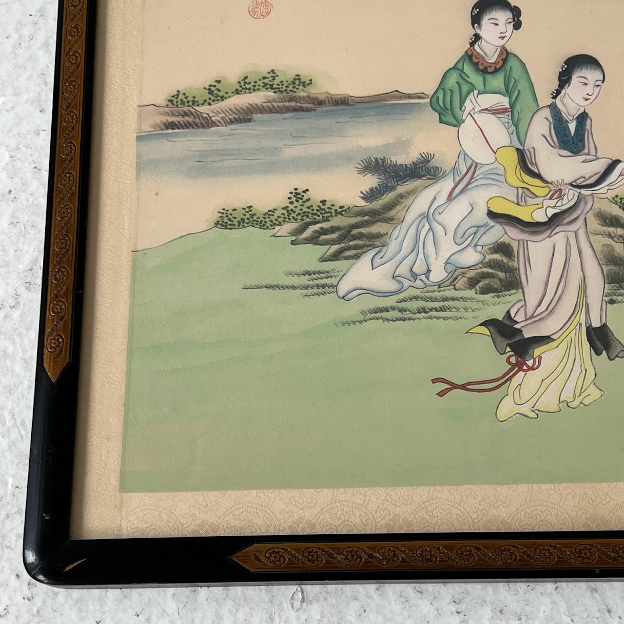 Chinese Court Scene Vintage Gouache Painting Pair