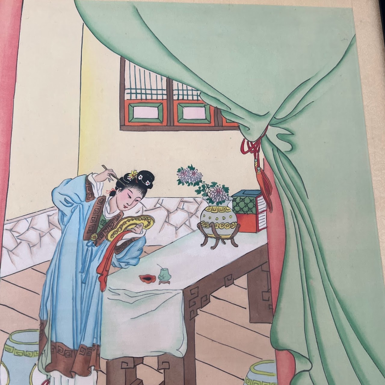 Chinese Court Scene Vintage Gouache Painting Pair