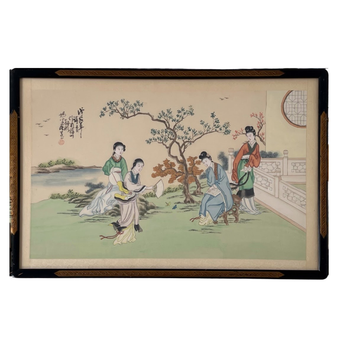 Chinese Court Scene Vintage Gouache Painting Pair