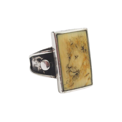 Sterling Silver & Carved Bone Lion Ring