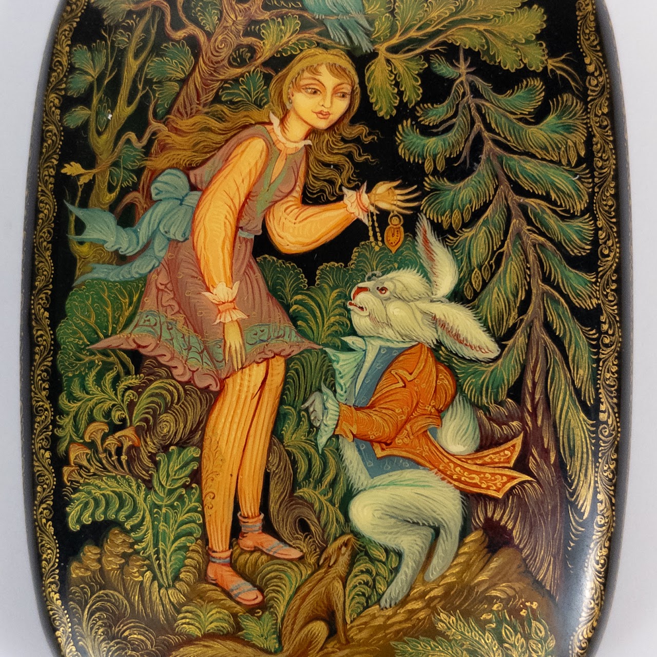 Signed Russian Fairytale Lacquer Hinged Clamshell Cosmetics Box