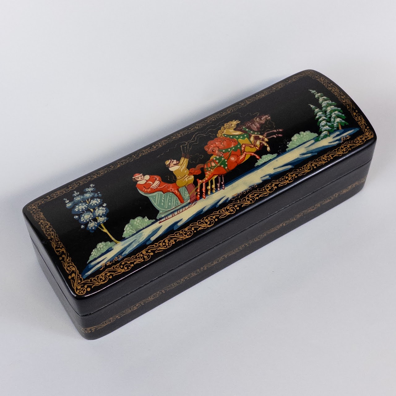 Signed Russian Lacquer Box with Saint Nicklaus Painted Scene