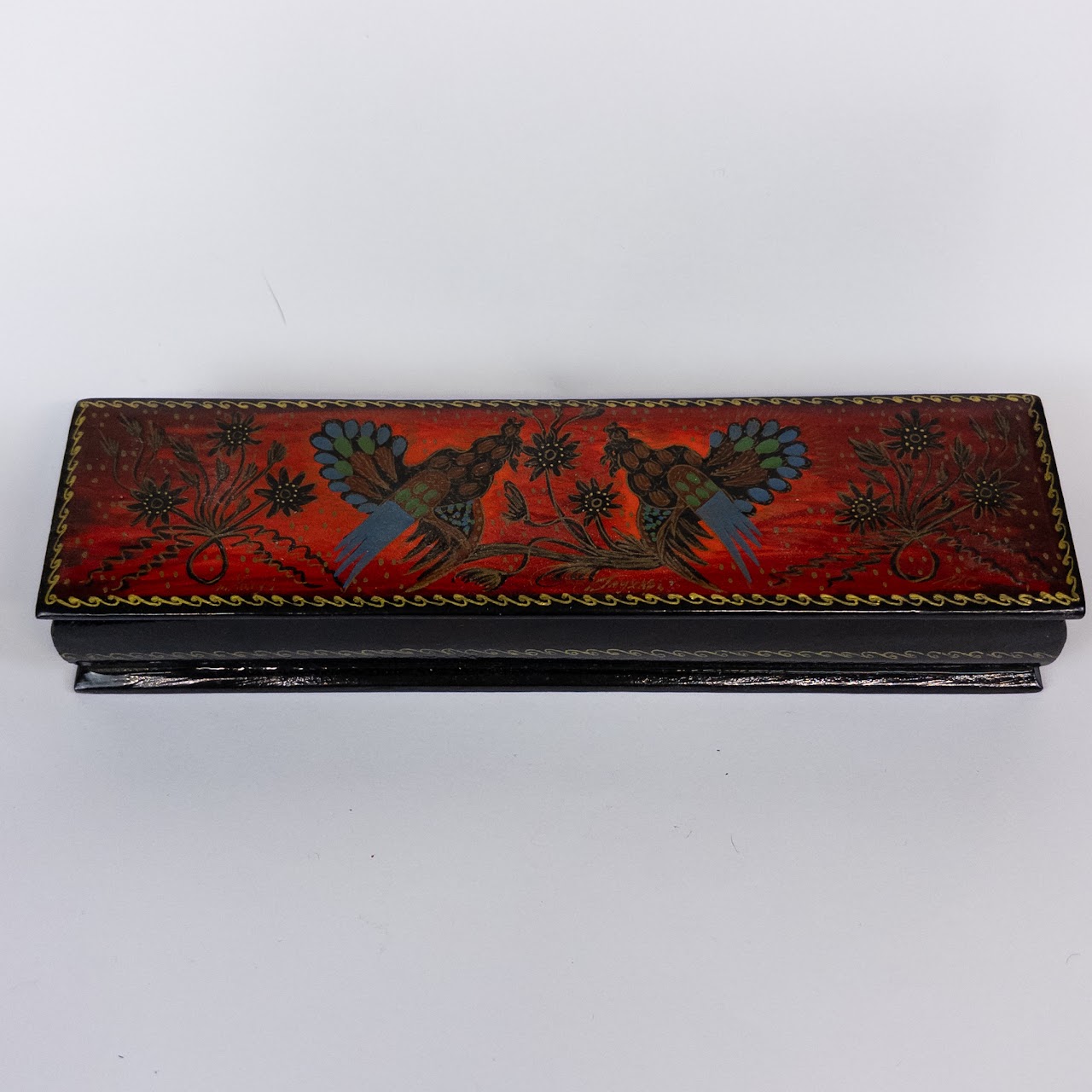 Mexican Rooster Scene Lacquer Lidded Box