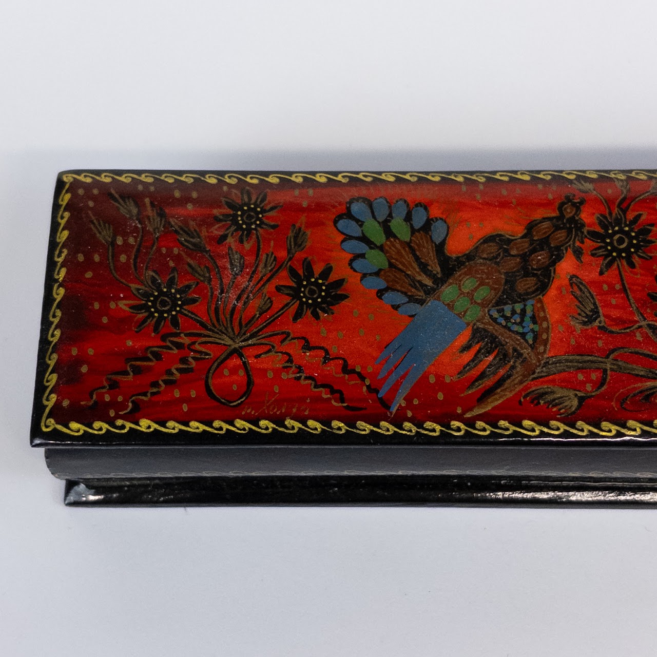 Mexican Rooster Scene Lacquer Lidded Box