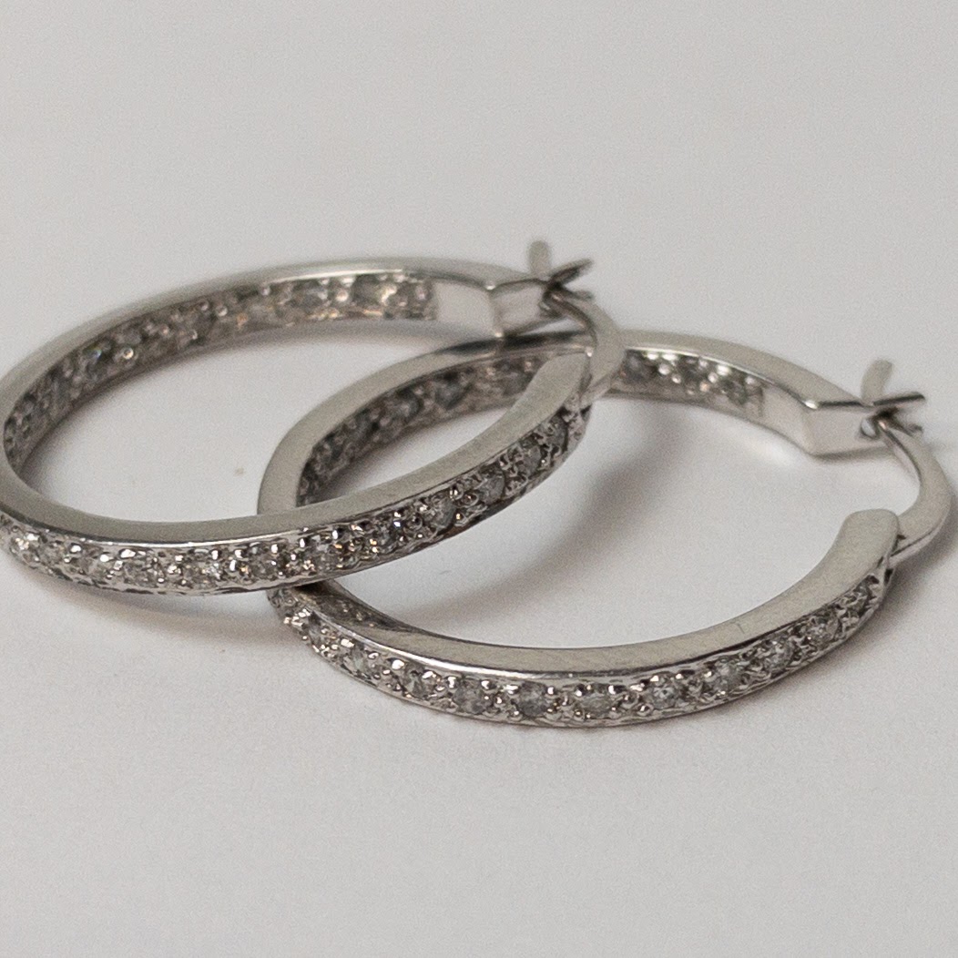 14K White Gold & Diamond Hoops