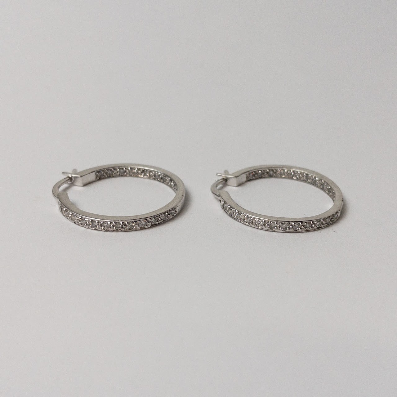 14K White Gold & Diamond Hoops